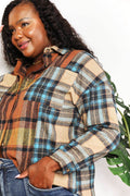 Double Take Plaid Curved Hem Shirt Jacket with Breast Pockets - Hovatok