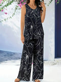 Abstract Print Round Neck Tank and Pants Set - Hovatok