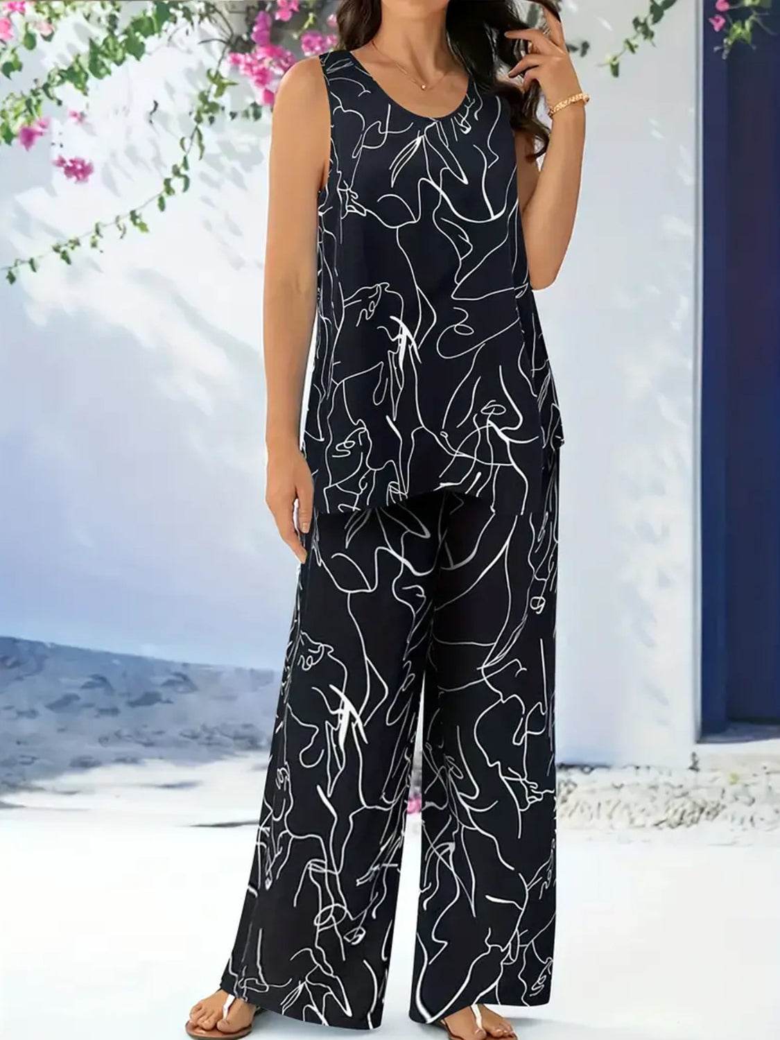 Abstract Print Round Neck Tank and Pants Set - Hovatok