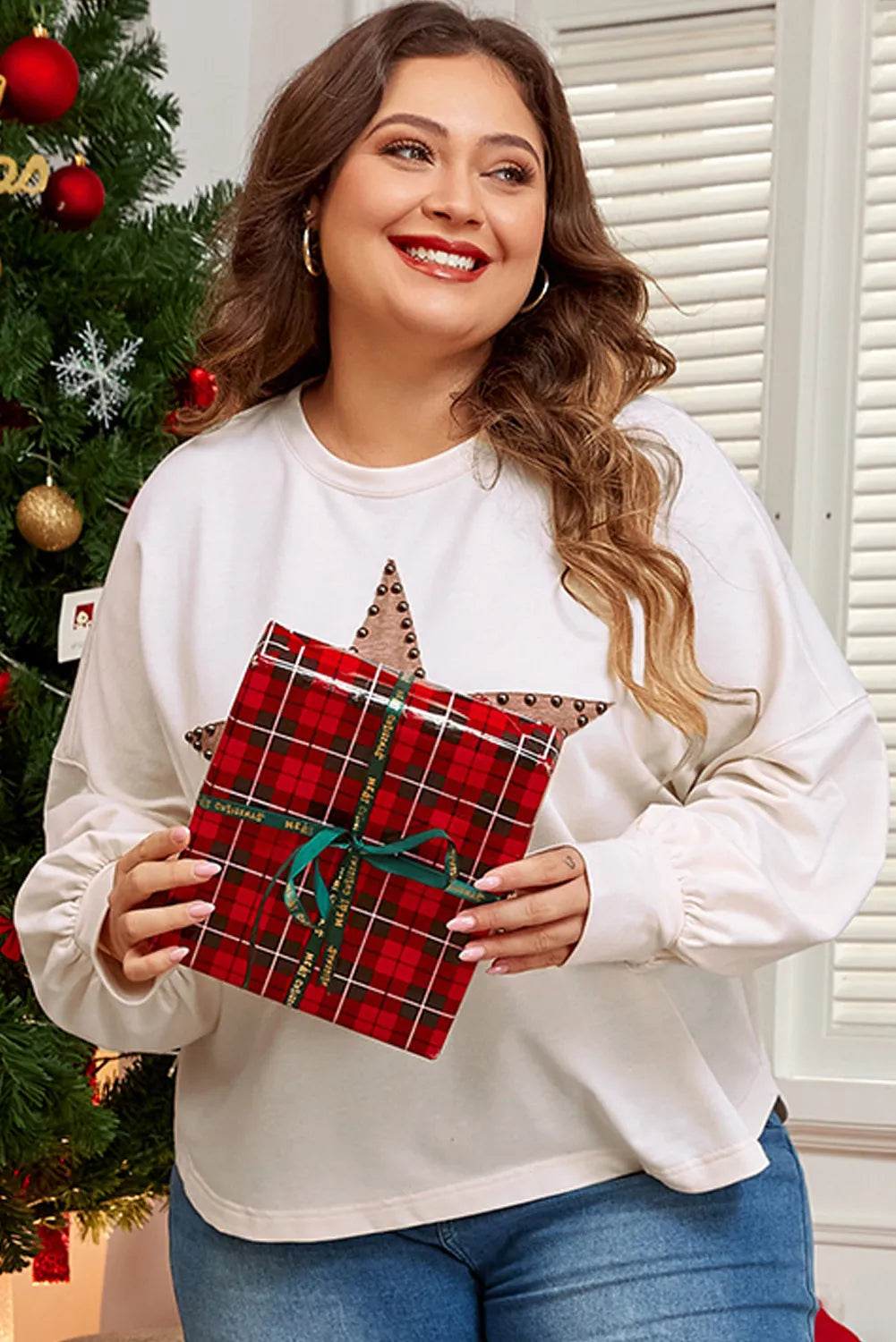 Plus Size Studded Star Round Neck Long Sleeve Blouse - Hovatok