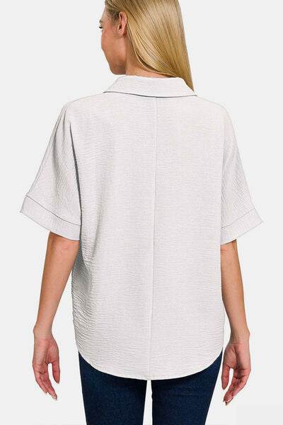 Zenana Texture Collared Neck Short Sleeve Top - Hovatok
