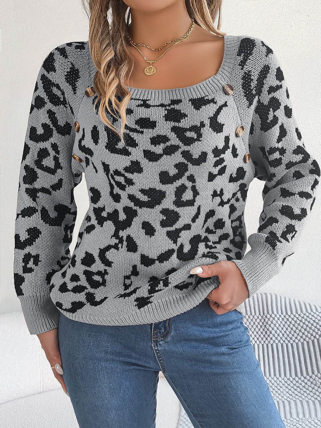 Leopard Buttoned Square Neck Sweater - Hovatok