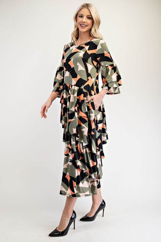 Celeste Full Size Printed Asymmetrical Ruffle Midi Dress Plus Size - Hovatok
