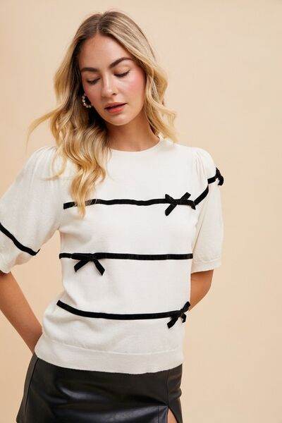 Annie Wear Striped Bow Round Neck Knit Top - Hovatok