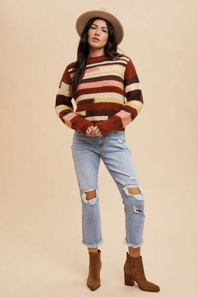 Annie Wear Color Block Round Neck Long Sleeve Sweater - Hovatok