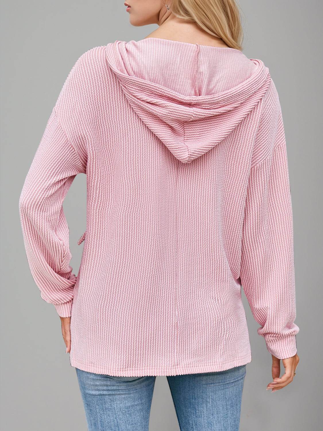 Double Take Drawstring Dropped Shoulder Long Sleeve Hoodie - Hovatok