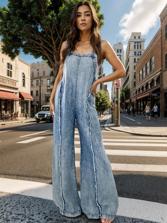 Adjustable Strap Wide Leg Denim Overalls - Hovatok