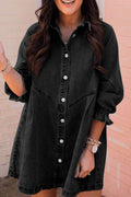 Distressed Collared Neck Flounce Sleeve Denim Dress - Hovatok