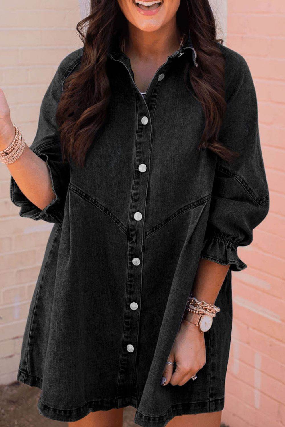 Distressed Collared Neck Flounce Sleeve Denim Dress - Hovatok