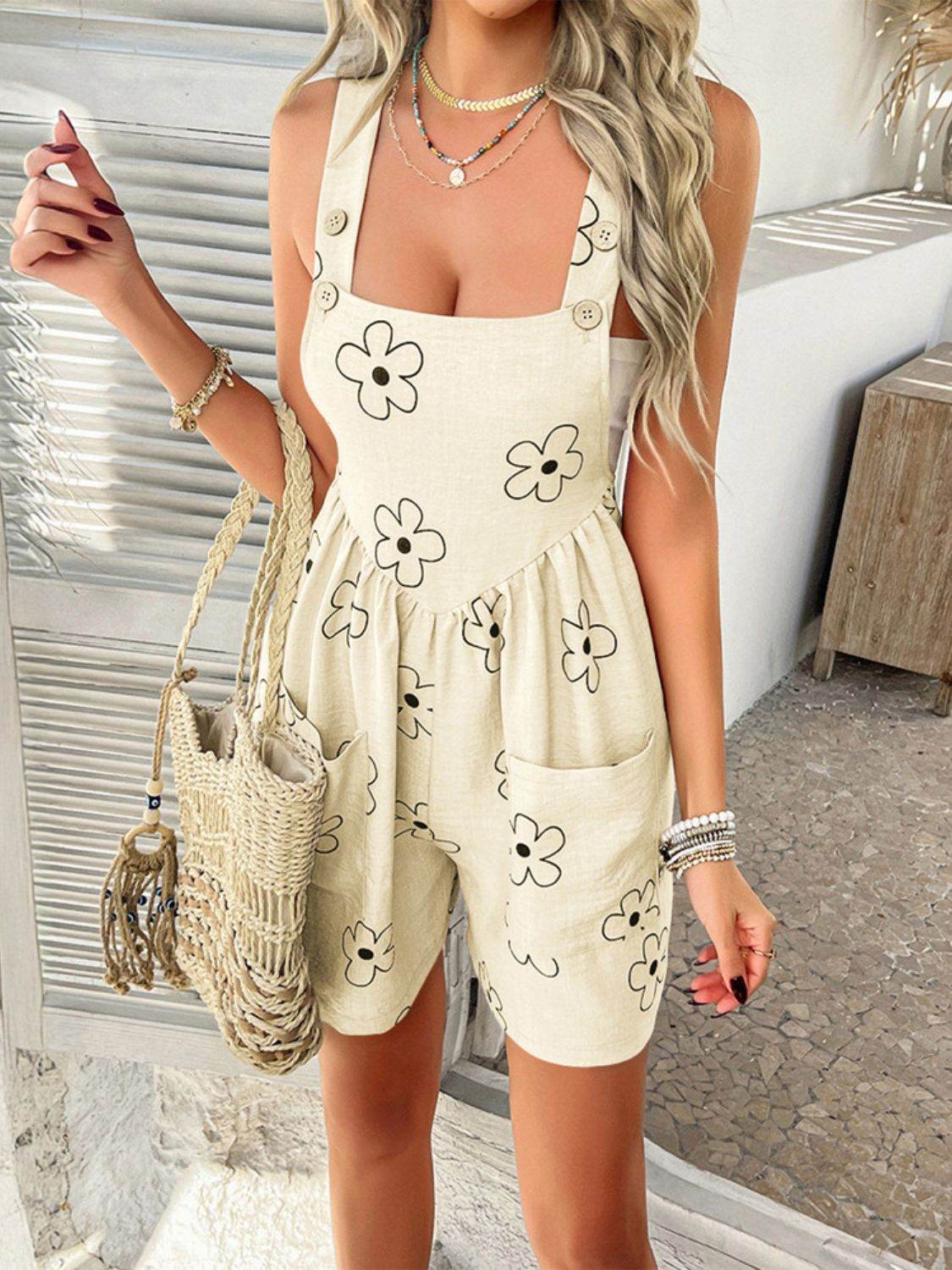 Devine Flower Wide Strap Overalls with Pockets - Hovatok