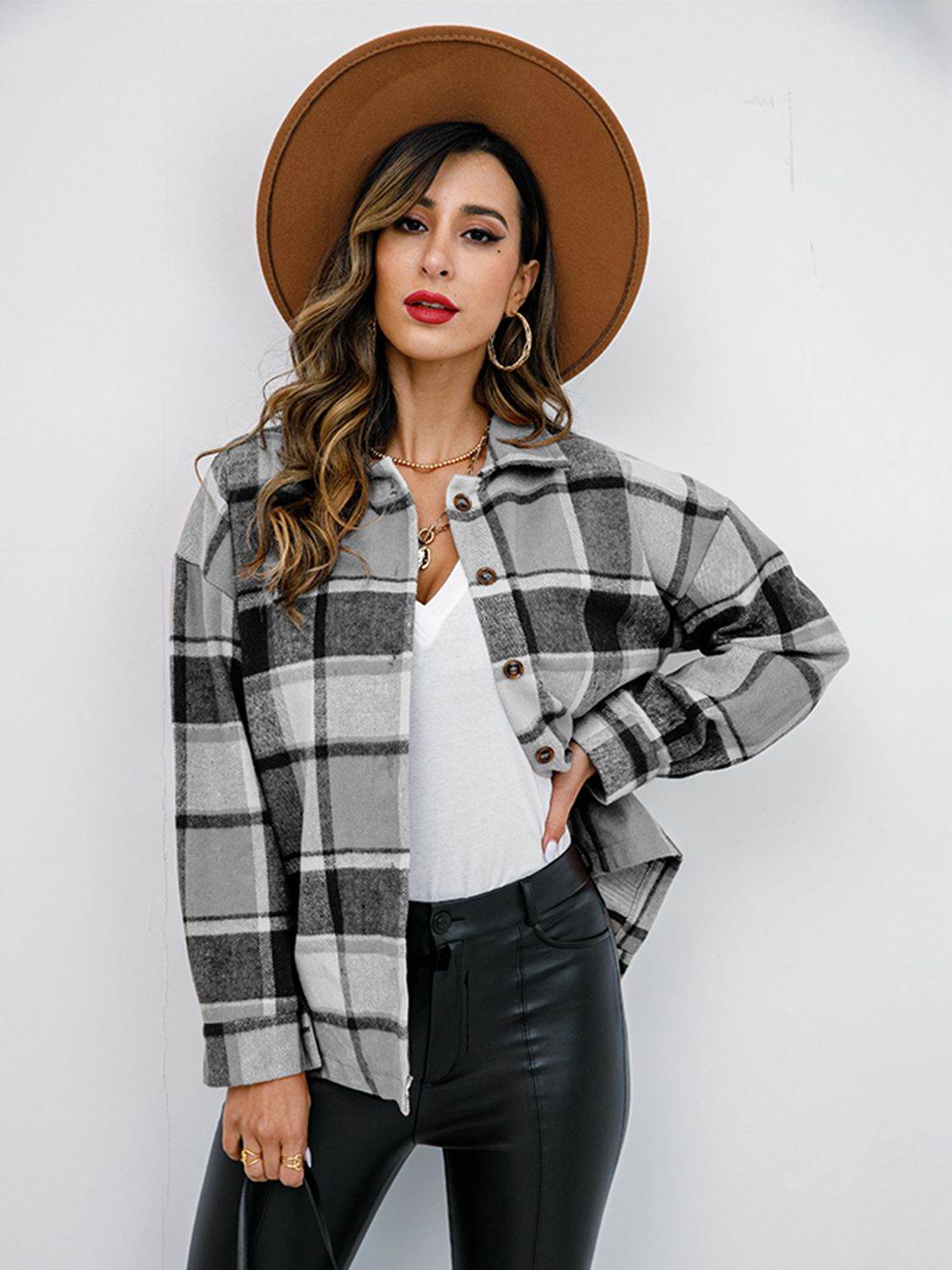 Shiny Plaid Button Up Collared Neck Jacket - Hovatok