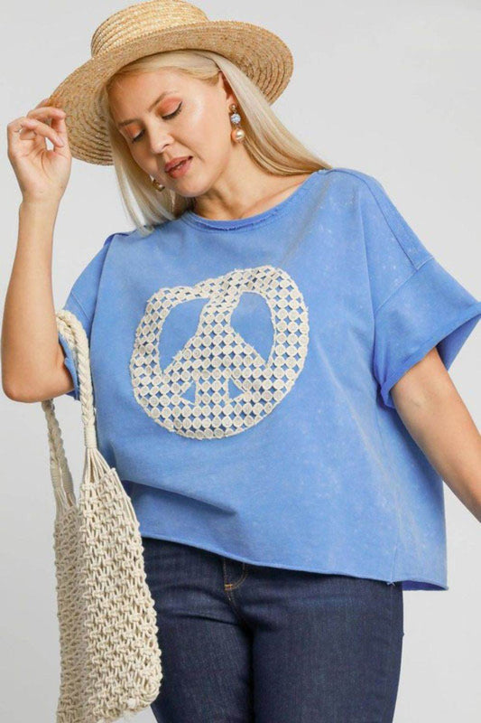 Umgee Full Size Mineral Wash T-Shirt with Lace Applique Plus Size - Hovatok