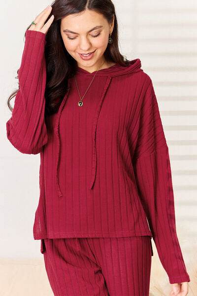 Basic Bae Full Size Ribbed Drawstring Hooded Top and Straight Pants Set - Hovatok