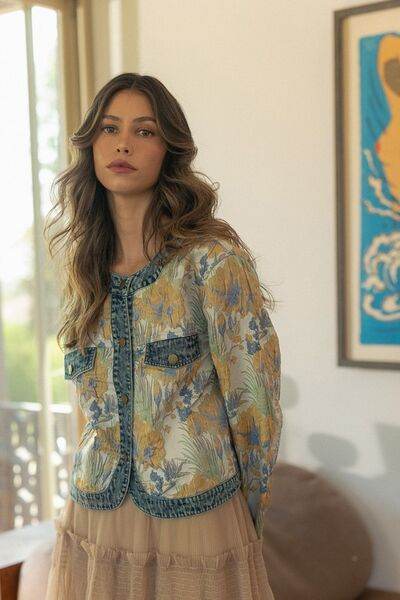 Annie Wear Floral Jacquard Denim Contrast Button Down Jacket - Hovatok