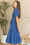 ADORA Tiered Button Down Tie Waist Short Sleeve Denim Dress - Hovatok