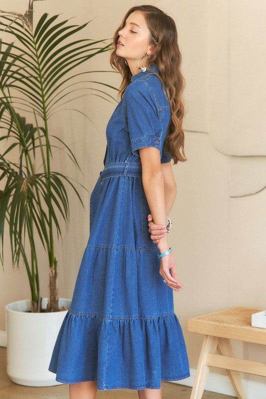 ADORA Tiered Button Down Tie Waist Short Sleeve Denim Dress - Hovatok