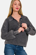 Zenana Washed Half Button Long Sleeve Sweater - Hovatok