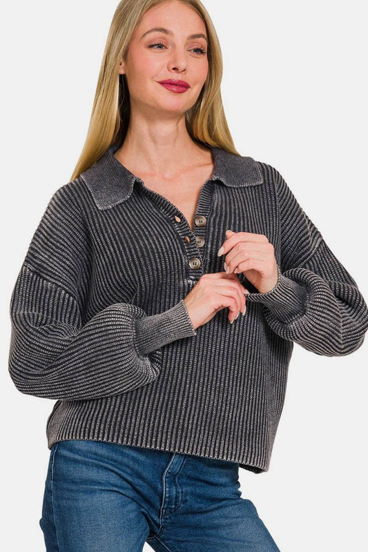 Zenana Washed Half Button Long Sleeve Sweater - Hovatok