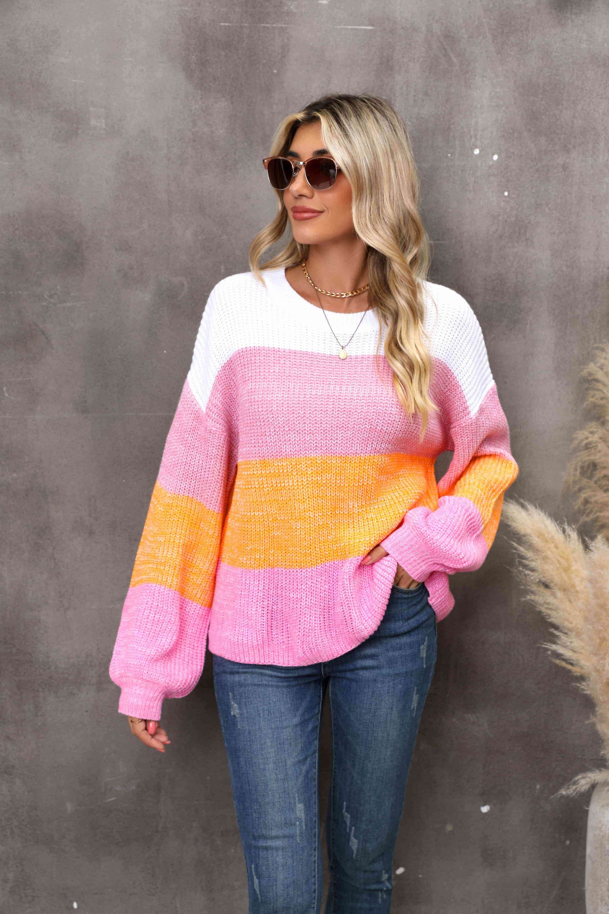 Angel Wings Color Block Round Neck Dropped Shoulder Sweater - Hovatok