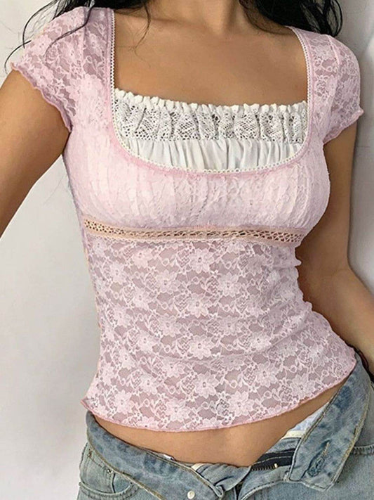 Devine Lace Square Neck Short Sleeve Top - Hovatok