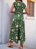 Perfee Printed Round Neck Cap Sleeve Wide Leg Jumpsuit - Hovatok