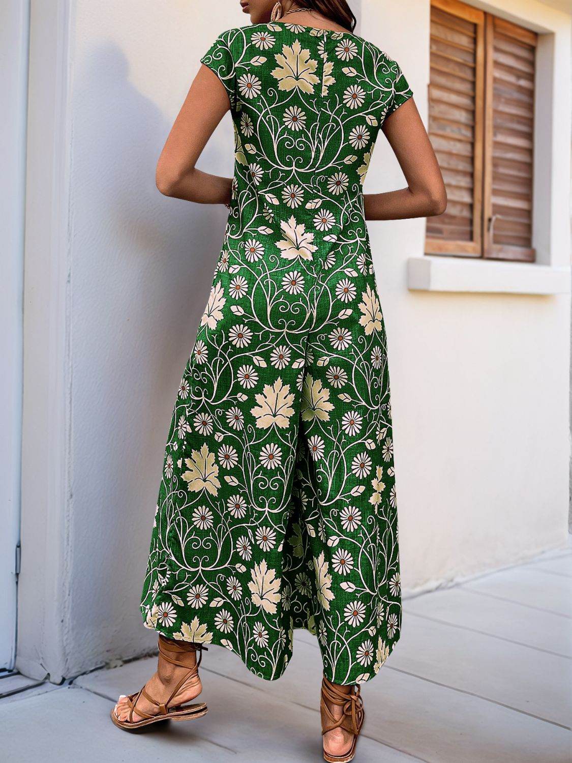 Perfee Printed Round Neck Cap Sleeve Wide Leg Jumpsuit - Hovatok