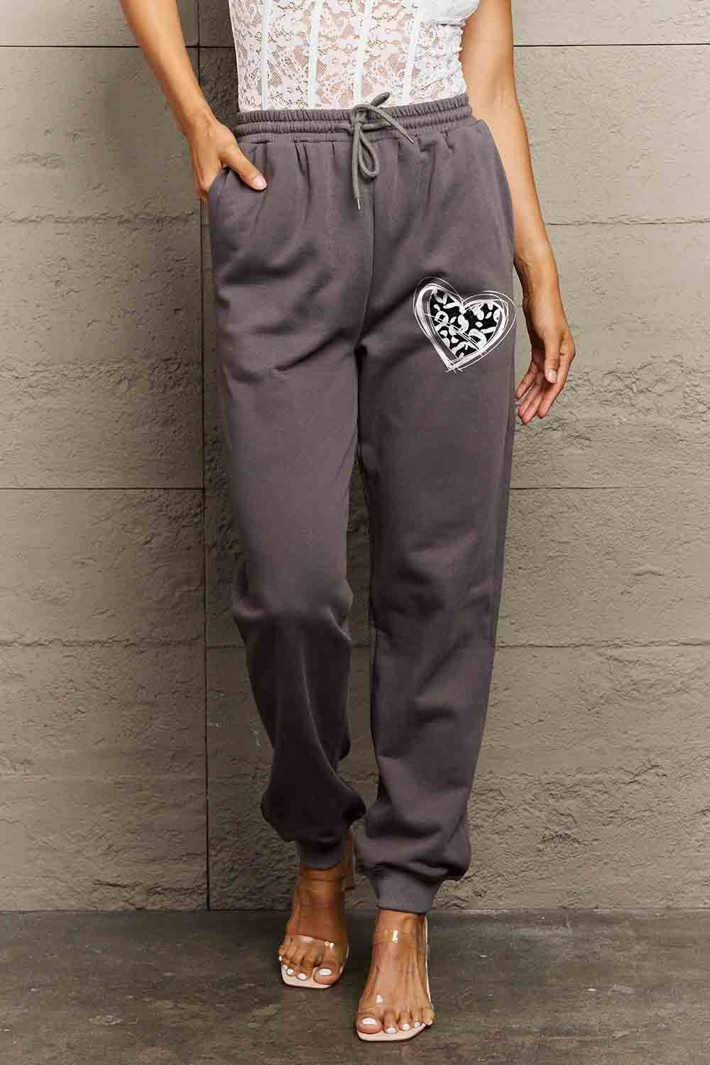 Simply Love Simply Love Full Size Drawstring Heart Graphic Long Sweatpants - Hovatok