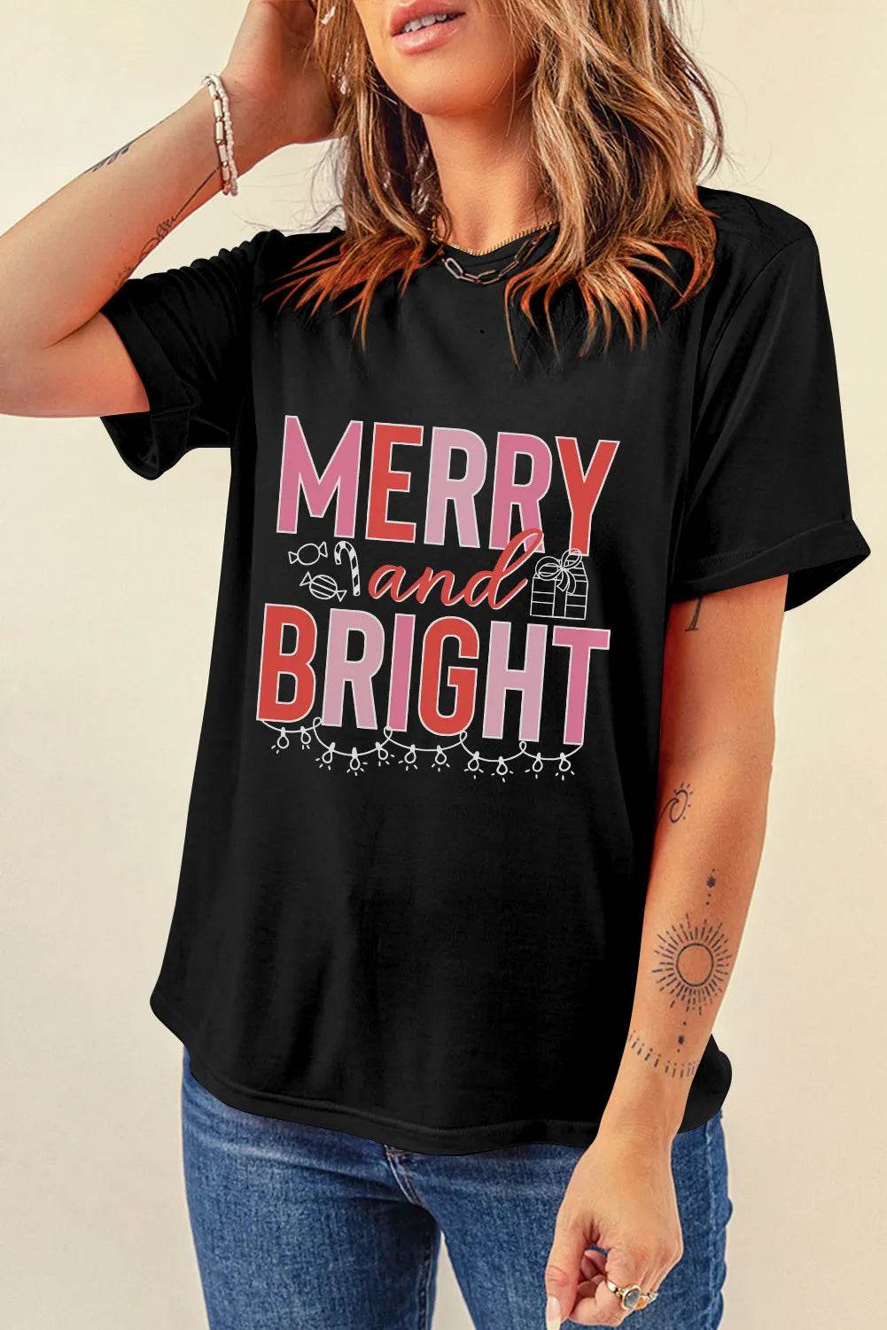 MERRY AND BRIGHT Round Neck Short Sleeve T-Shirt - Hovatok