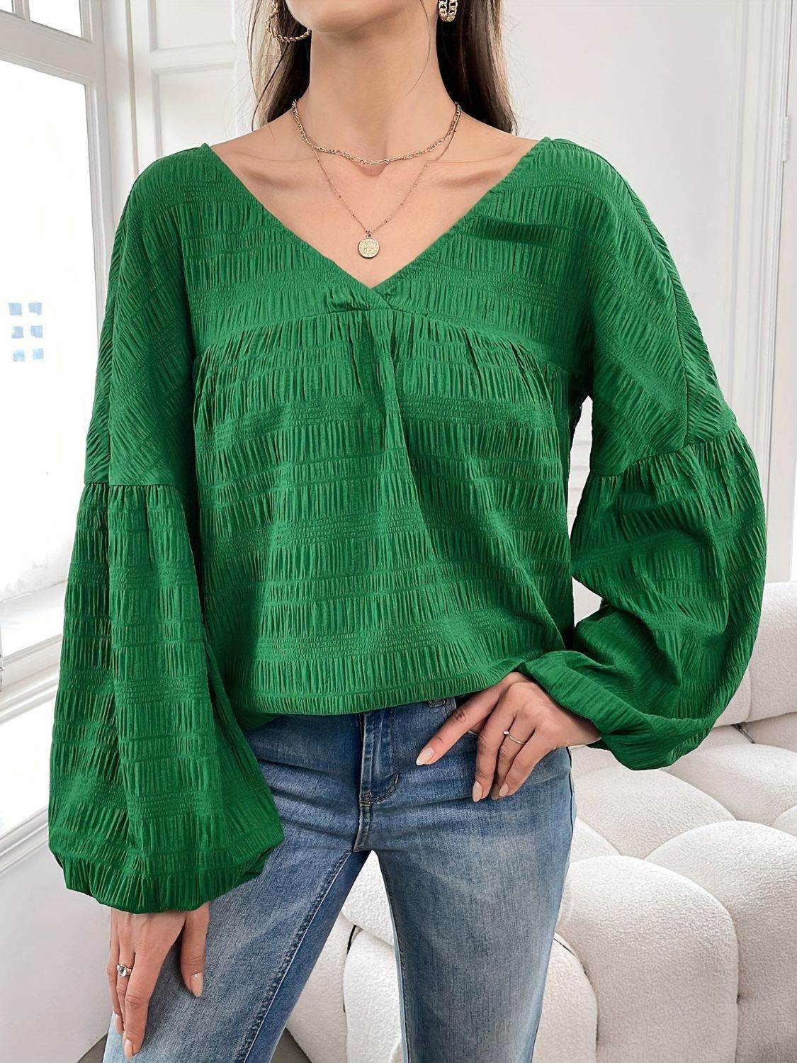 Plus Size Texture V-Neck Long Sleeve Top - Hovatok