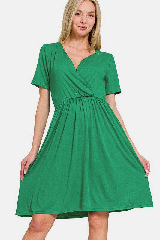 Zenana Surplice Short Sleeve Brushed DTY Dress - Hovatok