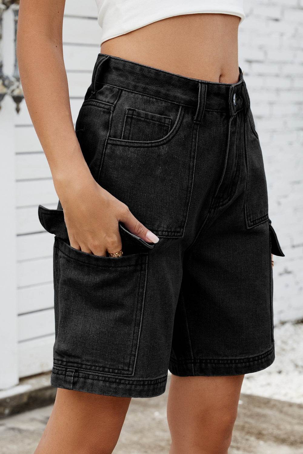 High Rise Denim Shorts with Cargo Pockets - Hovatok
