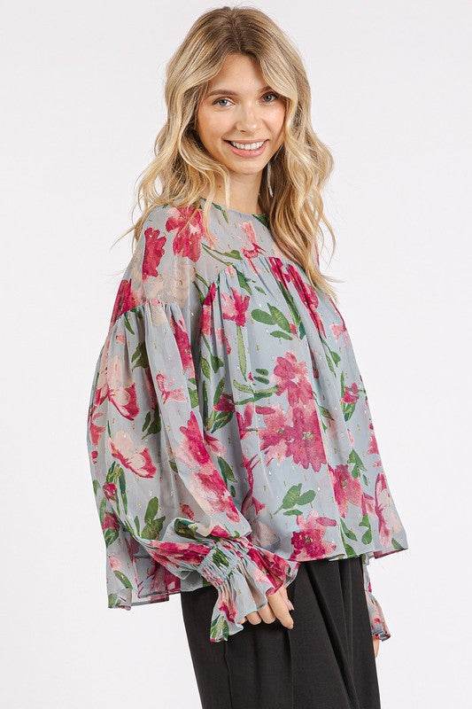 Mittoshop Floral Round Neck Flounce Sleeve Blouse - Hovatok