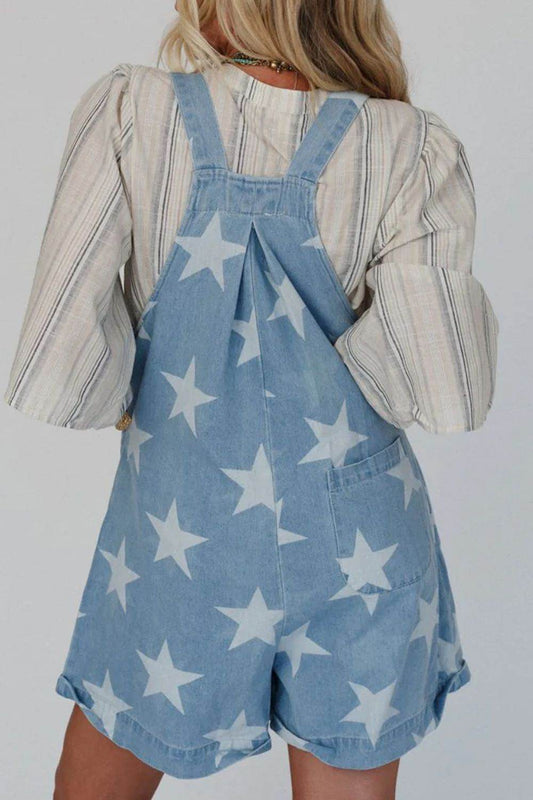 Star Print Square Neck Denim Overalls - Hovatok