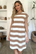 Basic Bae Full Size Striped Round Neck Cap Sleeve Mini Dress - Hovatok