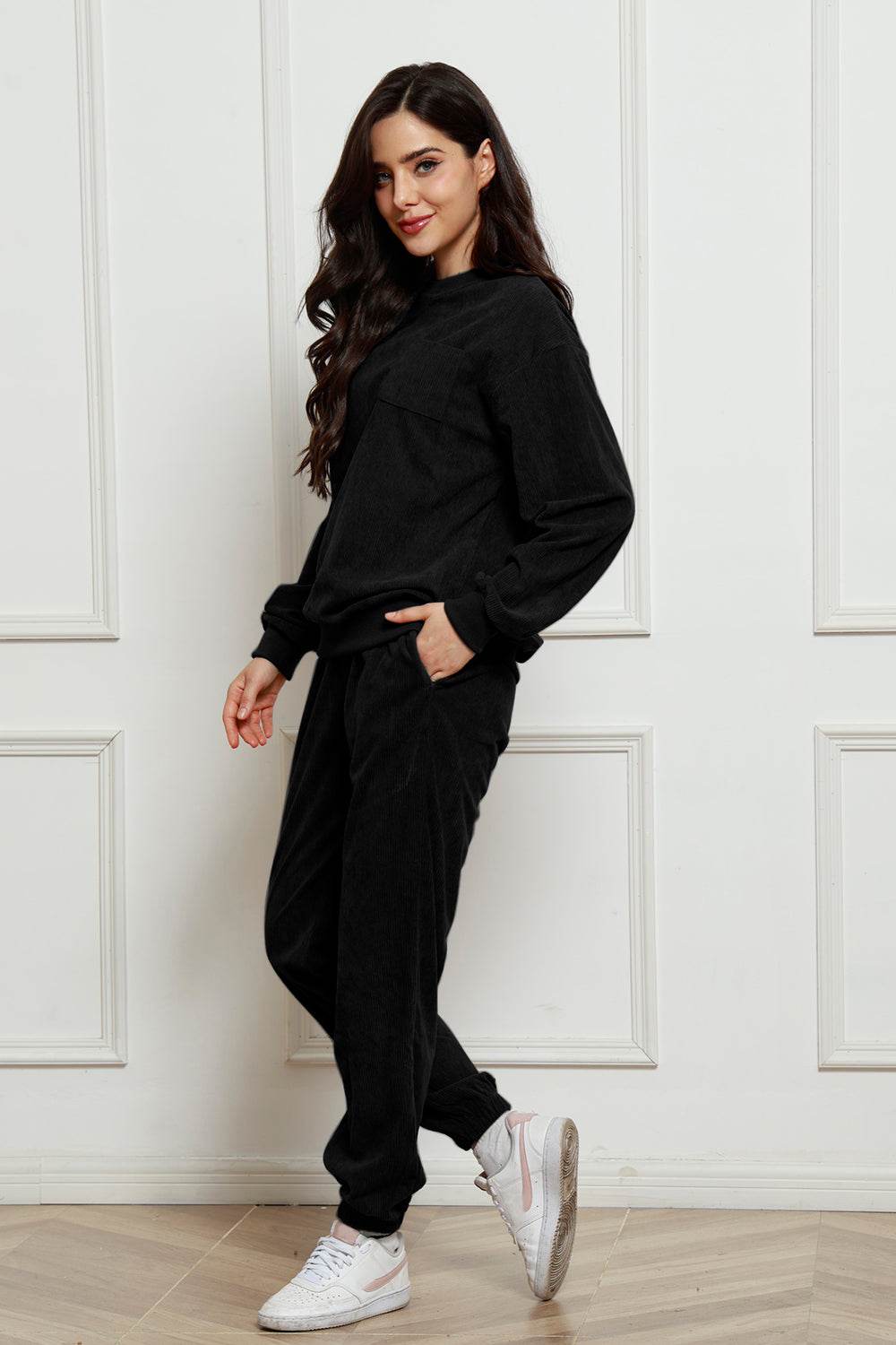 Corduroy Round Neck Sweatshirt and Sweatpants Set - Hovatok