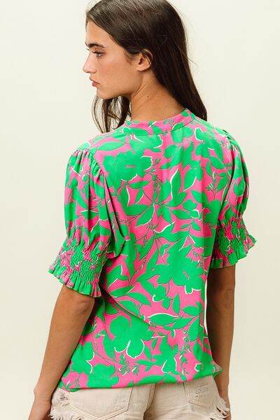 BiBi Smocked Cuff Floral Contrast Top - Hovatok