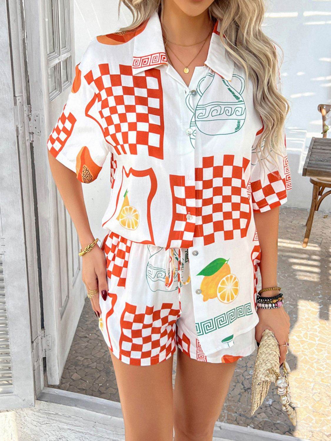 Devine Printed Collared Neck Half Sleeve Top and Shorts Set - Hovatok