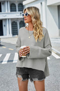 High-Low Slit Round Neck Long Sleeve Sweater - Hovatok