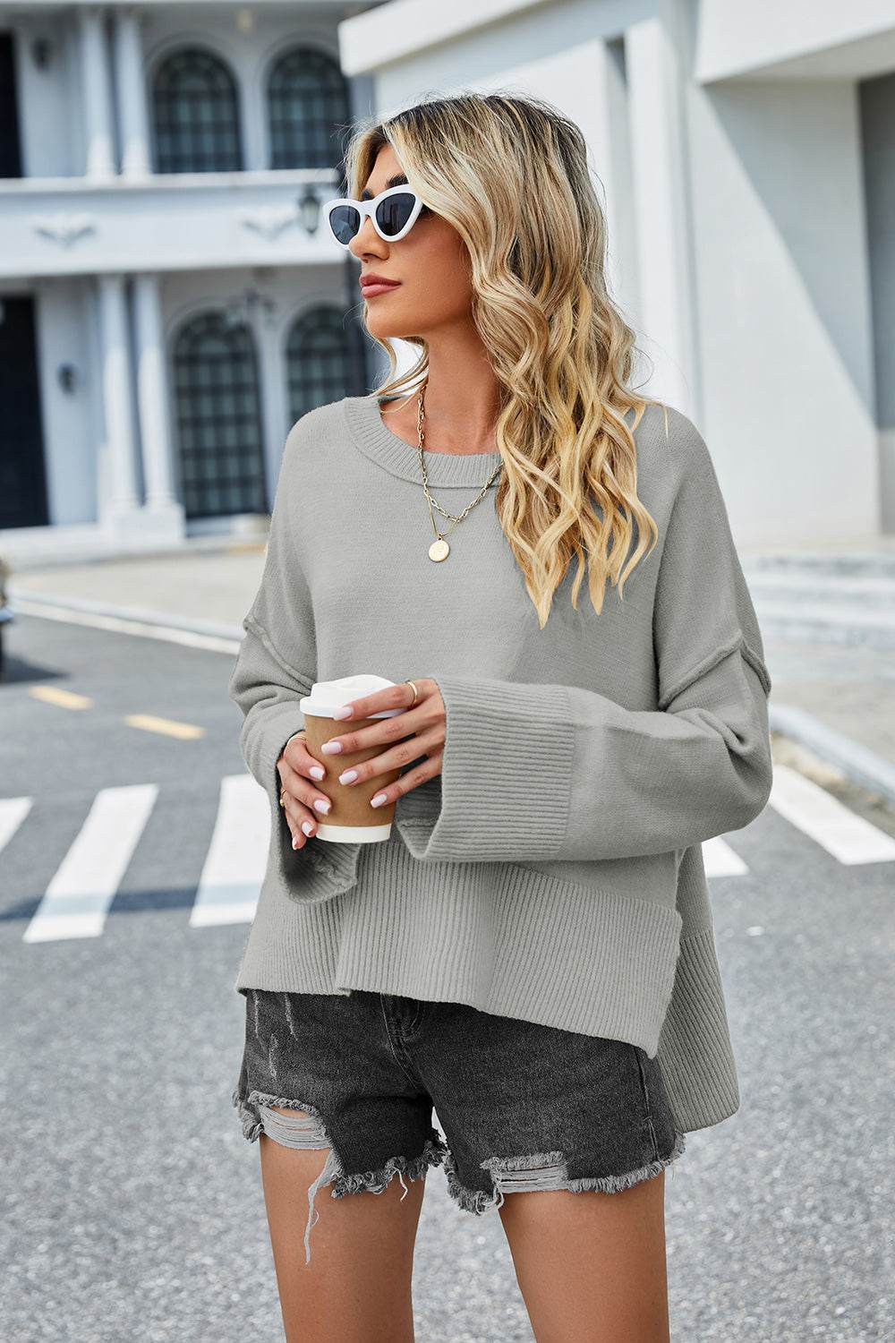 High-Low Slit Round Neck Long Sleeve Sweater - Hovatok