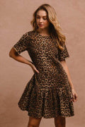 BiBi Tie Back Leopard Round Neck Short Sleeve Dress - Hovatok