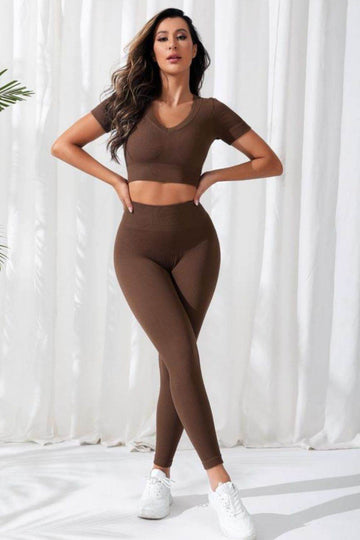 V-Neck Crop Top and High Waistband Long Active Pants - Hovatok