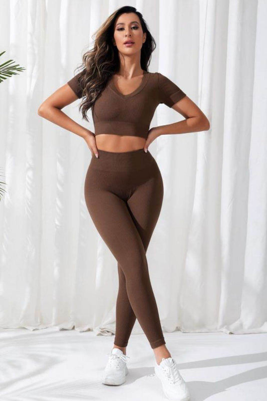 V-Neck Crop Top and High Waistband Long Active Pants - Hovatok