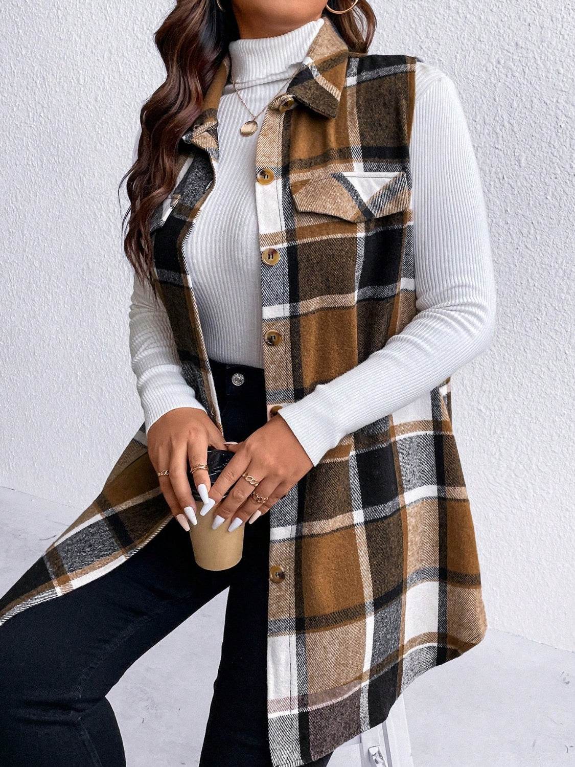 Honey Plus Size Pocketed Plaid Button Up Vest Coat - Hovatok