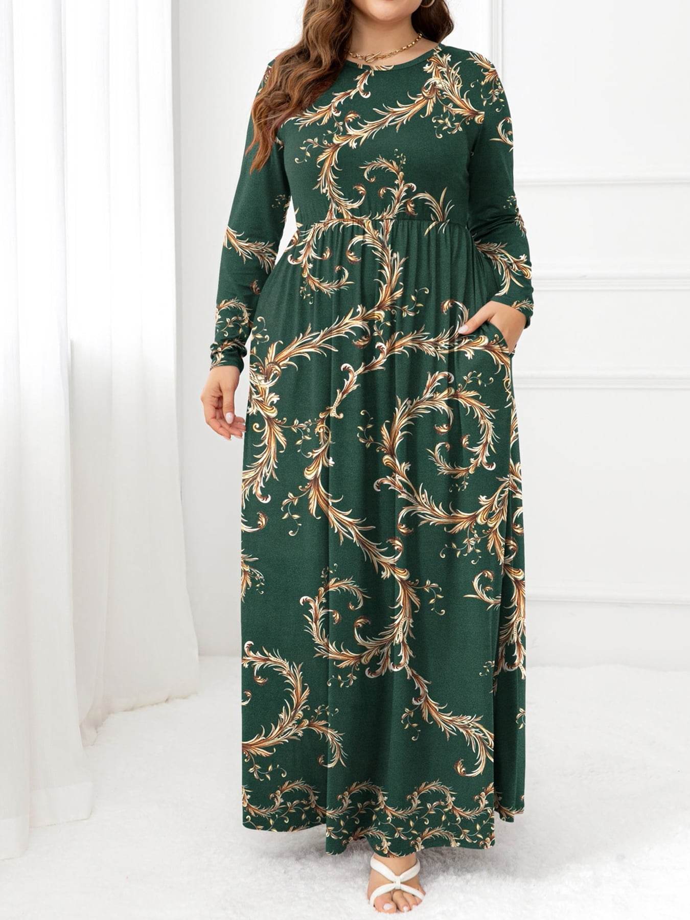 Plus Size Round Neck Maxi Dress with Pockets - Hovatok