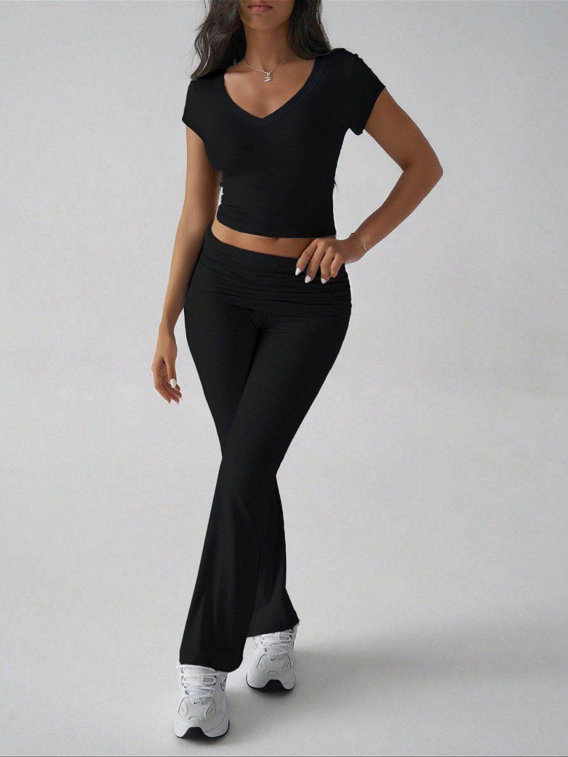 Devine V-Neck Top and Bootcut Leggings Set - Hovatok