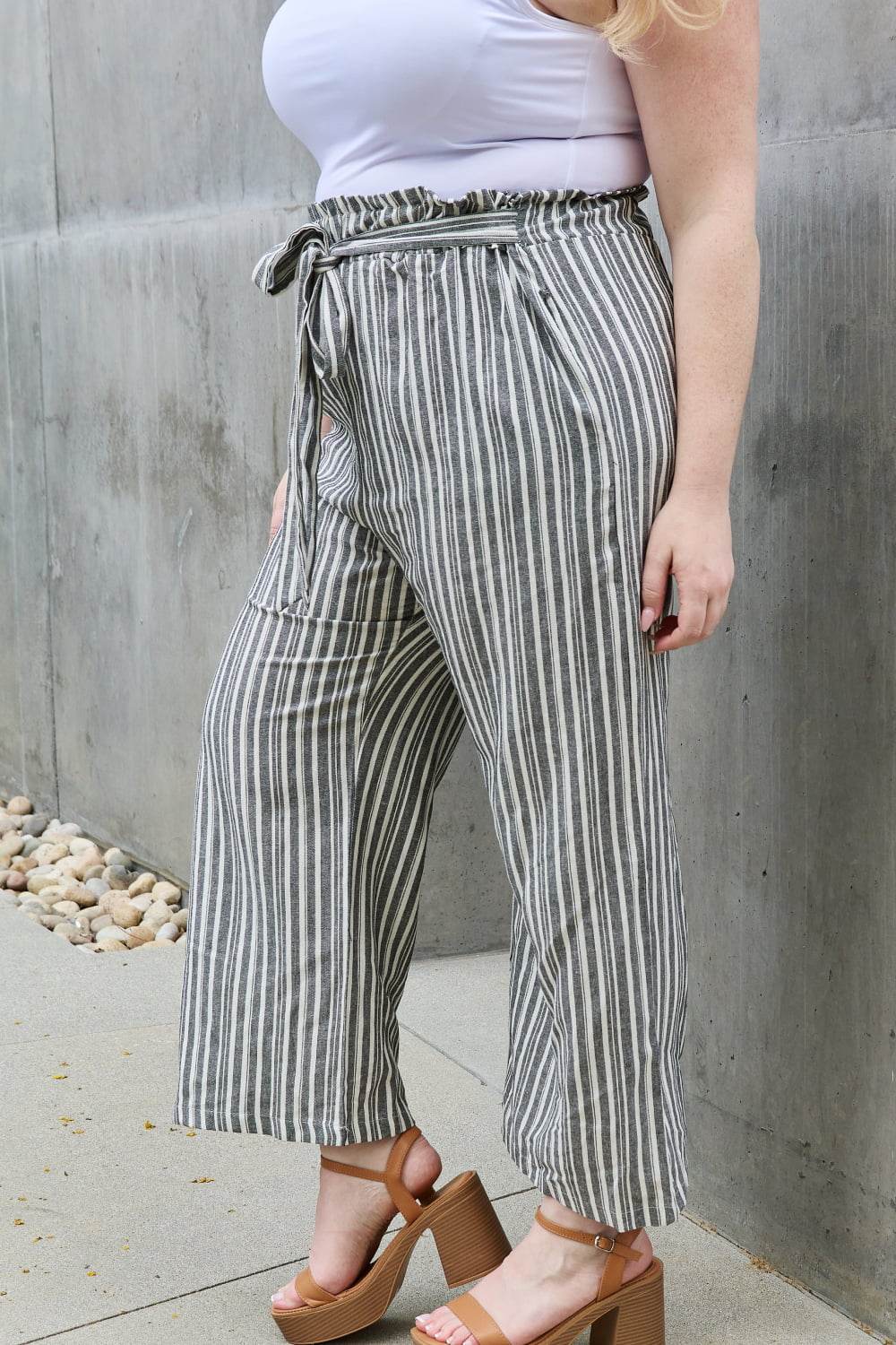 Heimish Find Your Path Full Size Paperbag Waist Striped Culotte Pants - Hovatok