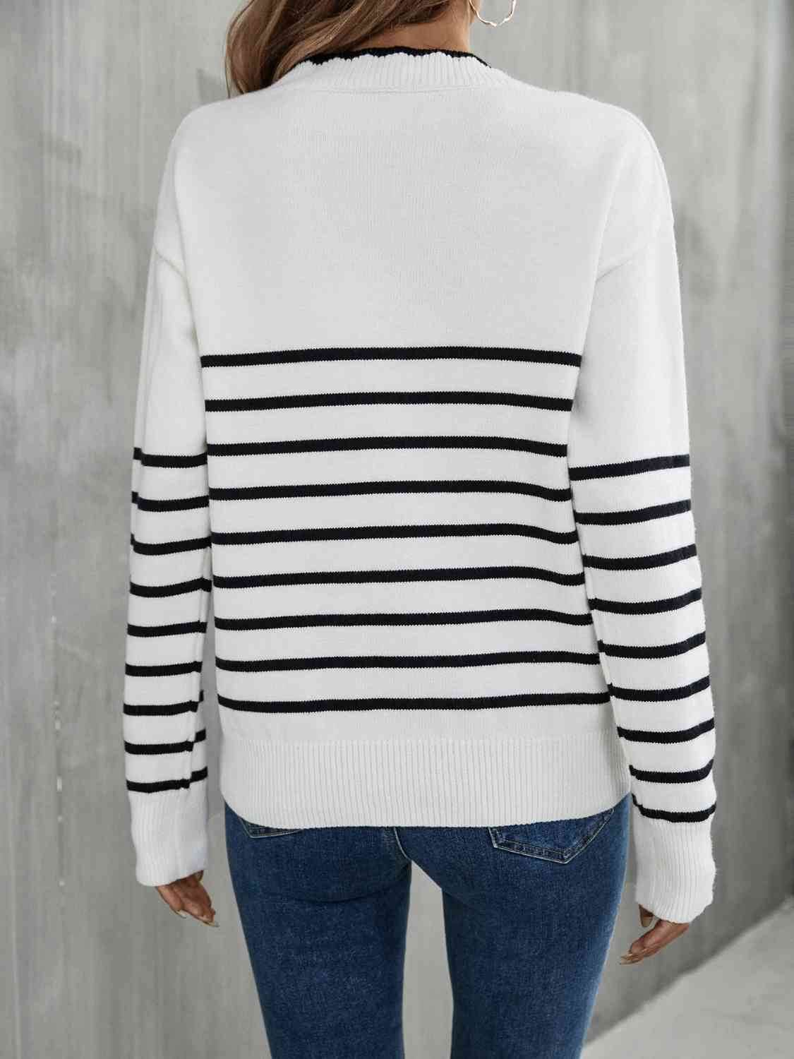 Angel Wings Striped V-Neck Drop Shoulder Sweater - Hovatok