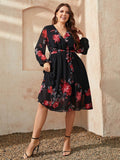 Honey Plus Size Floral Surplice Neck Tie Waist Dress - Hovatok