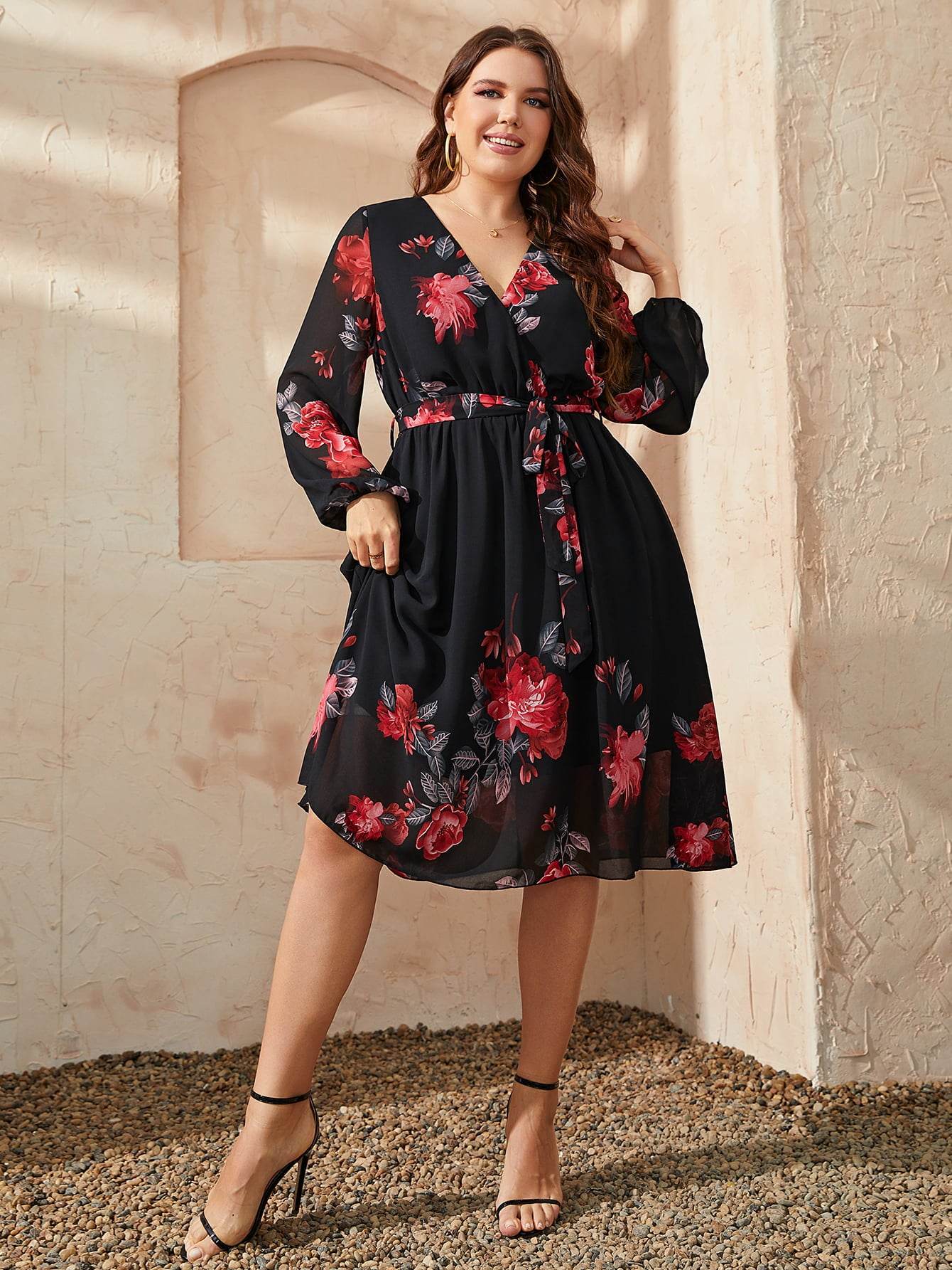 Honey Plus Size Floral Surplice Neck Tie Waist Dress - Hovatok