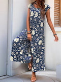 Perfee Printed Round Neck Cap Sleeve Wide Leg Jumpsuit - Hovatok